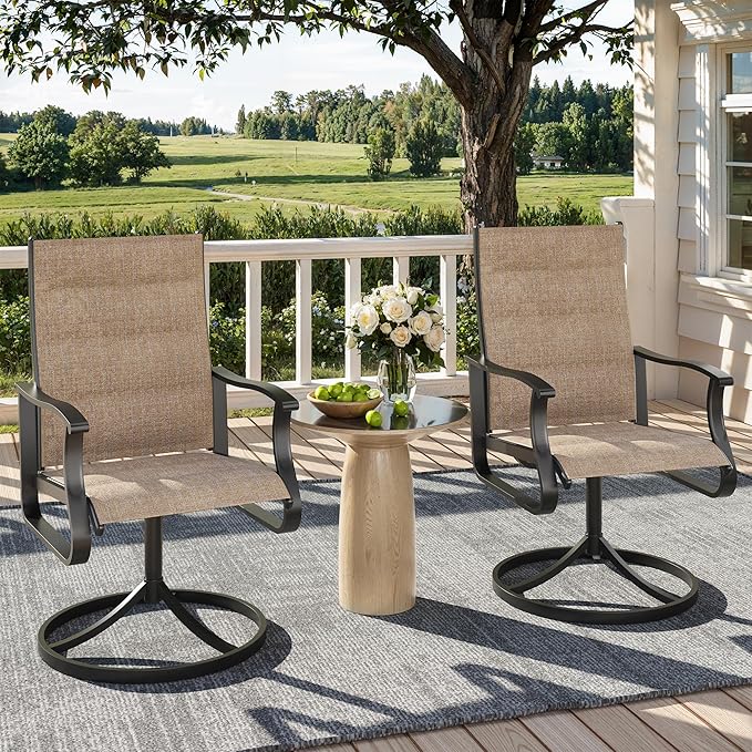 Patio Swivel Chairs Set of 2, Outdoor Dining Chairs with High Back, 360° Swivel Rocker Chair in All-Weather Padded Textilene & Metal Frame for Garden, Porch, Backyard, Balcony(Padded Brown)