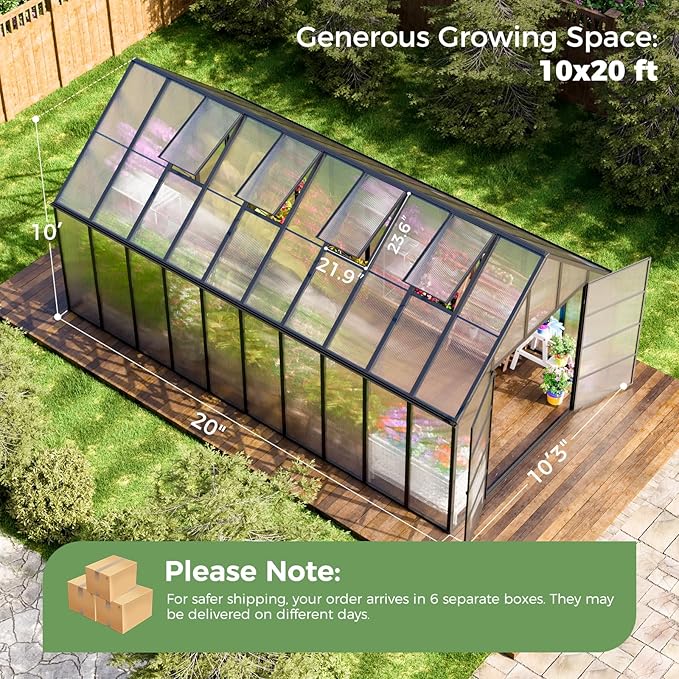 20x10x10 FT Greenhouse for Outdoors, Easy Assembly Large Thicker Aluminum Polycarbonate Greenhouse, 4 Vent Windows, Swing Door, Walk-in Greenhouse for Sunroom, Patio, Backyard
