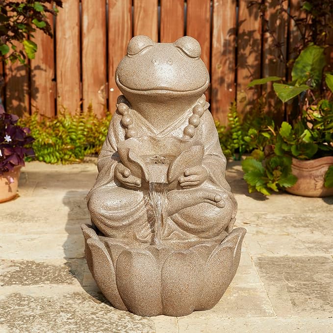 Glitzhome 2-Tiered Zen-Style Frog Polyresin Outdoor Fountain with Pump and LED Light, 21.75" H, Sand Beige