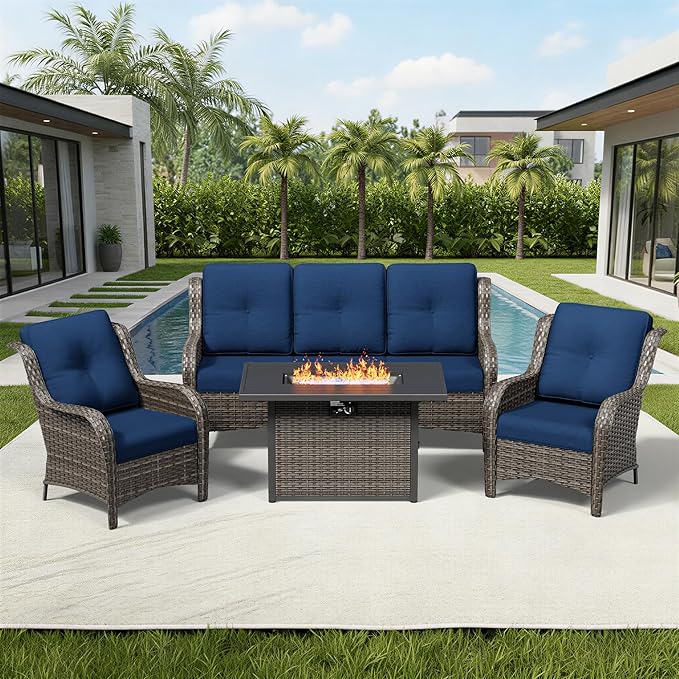 Joyside 4 Piece Wicker Patio Furniture Set with Fire Pit Table, Rattan Patio Chairs with High Back, Deep Seating, Wide Armrest, Thickened Cushions, Outdoor Furniture for Deck, Porch Use