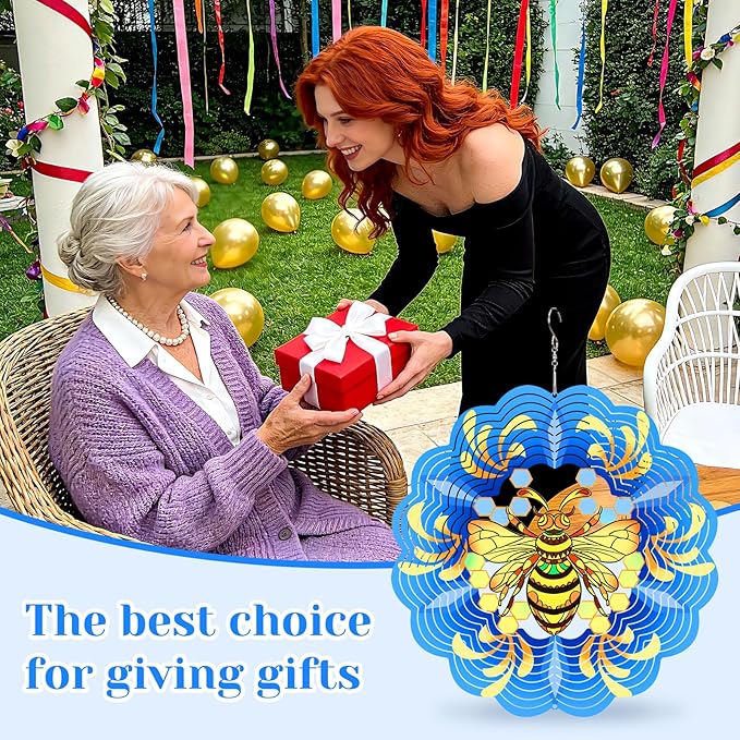 Bee Wind Spinners 3D Hanging Spinner Bee Gifts for Women Mom Grandma Dad,12inch Metal Spring Wind Kinetic Sculpture for Outdoor&Indoor Decor, Yard Art, Garden Ornament Decoration