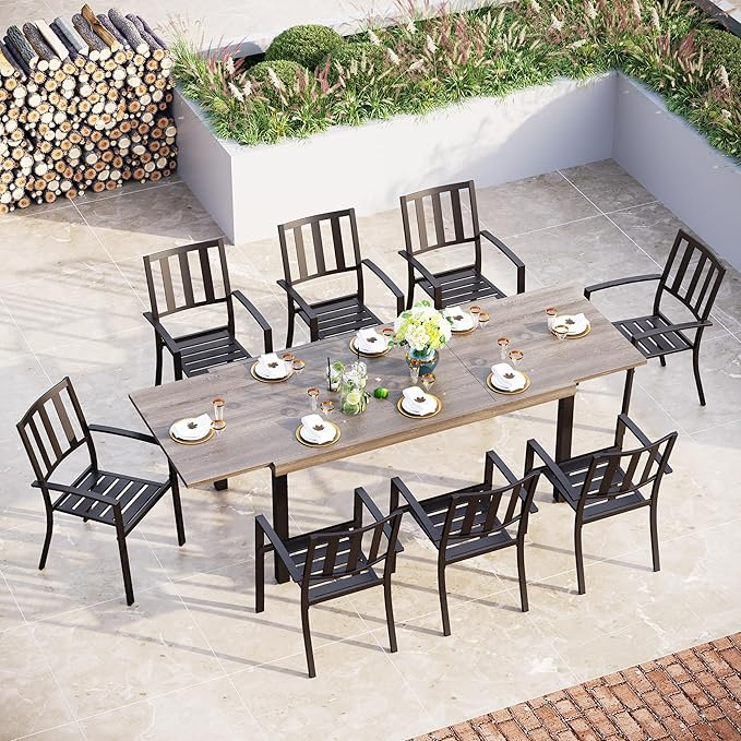 Sophia & William Patio Table and Chairs Set, Outdoor Dining Set for 8, 9 Piece Metal Patio Furniture, 99" Expandable Rectangular Table with Wood-Like Tabletop(Stripe)