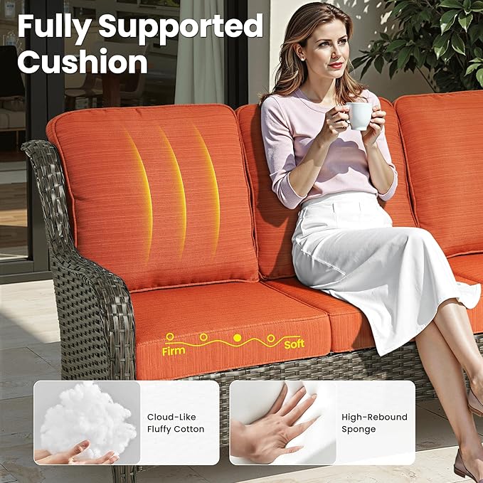 ovios 10 Pieces Patio Furniture Set, Outdoor Wicker Sofa Couch with Swivel Chairs 54" Fire Pit Table, High Back Modern All Weather Conversation Sets, Brown Rattan, Orange Red