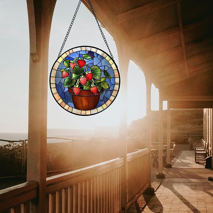 Stained Glass Window Hanging Red Strawberry Potted Plants 6.3" - Suncatcher Door Garden Sun Catcher Fall Home Decor Birthday Christmas for Mom Men Woman Nana Friend