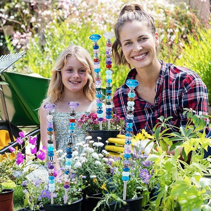 200+ Pcs Beaded Garden Stakes, DIY Fairy Wand Garden Stake Beads Kits with 160 Colorful Round Large Hole Beads with 8 Crystal Stopper Top, 8 Threaded Rod and 3 Garden Fairy for Outdoor Decoration