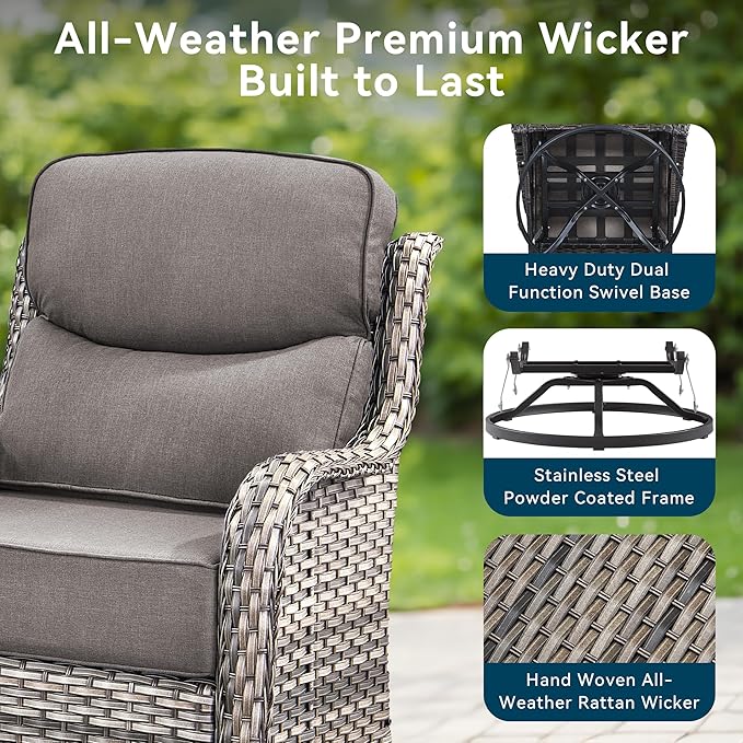 Luxury High Back Outdoor Furniture with 6-Inch Thick Cushions, Patio Furniture Set with Swivel Chairs, 7 PCS Wicker Conversation Set for Porch, Balcony, Deck and Yard