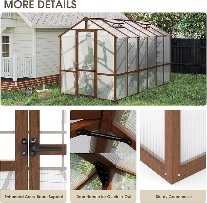 Large Walk in Greenhouse for Outdoors, 6x12 FT Length Heavy Duty Polycarbonate Panel Wooden Frame with Roof Vent & Lockable Outward-Opening Swing Door, All Season Garden Greenhouse for Backyard Patio