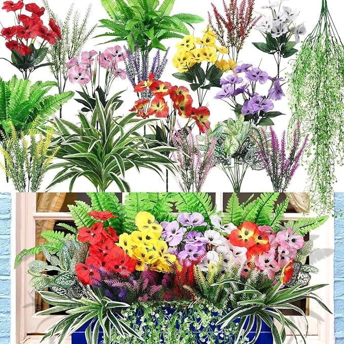 24 Pcs Outdoor Artificial Plants UV Resistant Faux Plant Fake Greenery Stems Faux Shrubs Flower for Outside Hanging Front Porch Patio Garden Window Box Home Wedding Summer Spring Decor(Mix Color)
