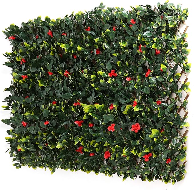 3rd Street Inn™ Leaf Trellis - Bamboo Greenery Panel - Boxwood and Ivy Privacy Fence Substitute - DIY Flexible Fencing (4, Red Rose Rattan)