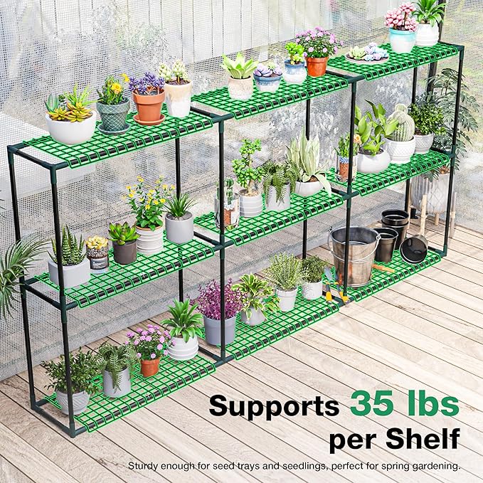 Joyside Outdoor Plant Shelves, 3 Tier 1 Pack Metal Extra-Long Stable Greenhouse Shelving for Home, 97x12x45 Inch Portable Plant Shelf Greenhouse Accessories
