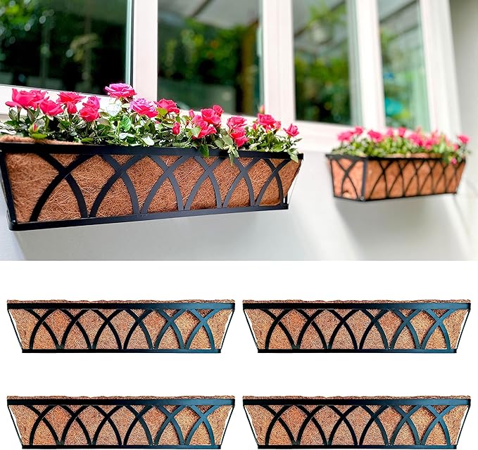 LaLaGreen Wall Planter (4 Pack, 30 Inch) Large Railing Planter Box for Outdoor Plants with Coco Liner, Metal Balcony Flower Basket Deck Rail Railing Fence Window Attach House Horse Trough Fence Porch