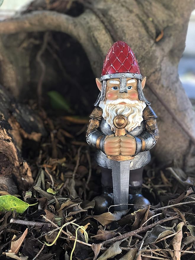 Gnome Knight Holding sword - armored, 9 inches: Warrior statue for Garden