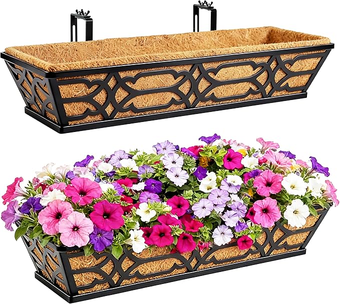 Railing Planter Box, Window Planter Boxes Outdoor 2 Pack 30 Inch Hanging Planter with Adjustable Bracket for Porch, Fence Flower Baskets with Coco Liners