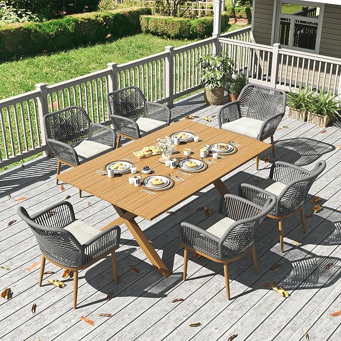 LayinSun Outdoor Dining Set for 6, 7 Pieces Patio Furniture Sets with Aluminum Dining Table and Rope Weave Chairs