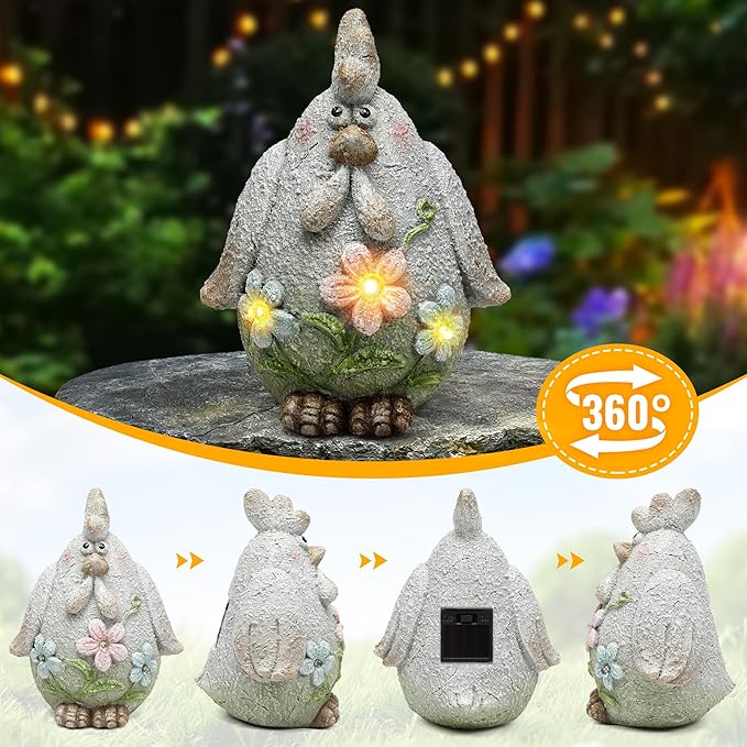 Leekung Solar Chicken Garden Statue with LED Lights for Outdoor Decoration,Chicken Statue Sculpture Yard Decorations, Outdoor Animal Figurine Gifts for Garden Patio Lawn Backyard Farmhouse