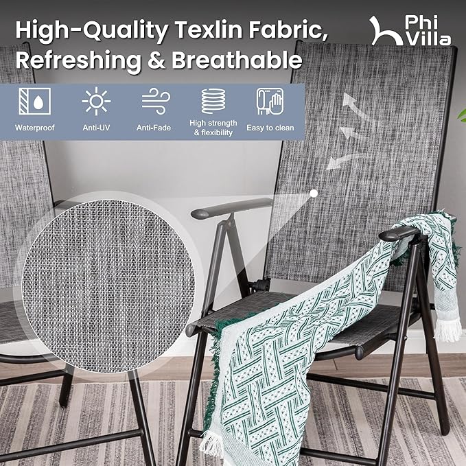 PHI VILLA Patio Folding Chairs Set of 4, Portable Outdoor Dining Chairs with Adjustable Backrest for Outside, Garden, Lawn & Yard, No Assembly, Grey
