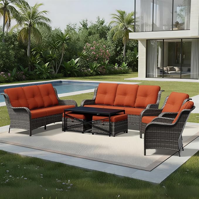 Joyside 7 Piece Wicker Patio Furniture Set, Rattan Patio Chairs with High Back, Deep Seating, Wide Armrest, Thickened Cushions, Outdoor Furniture for Deck, Porch Use