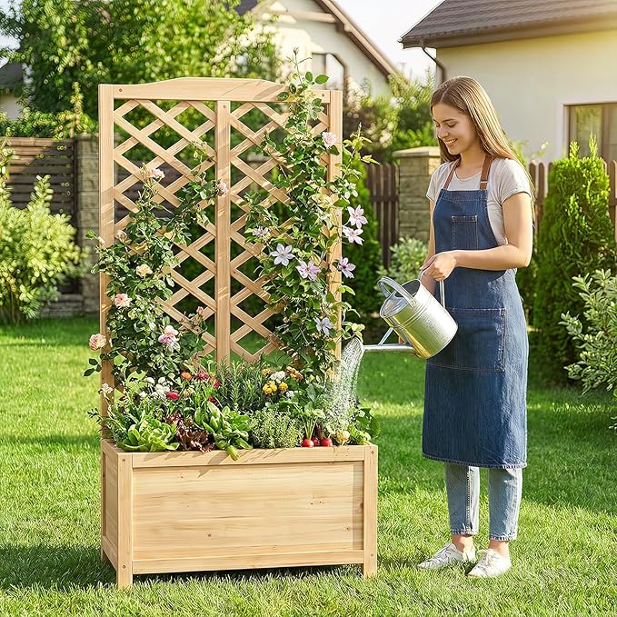 Wooden Raised Garden Bed with Trellis, Freestanding Planter Box with Drainage for Vines Climbing Plants Flowers Herbs, Elevated Gardening Planter for Backyard Balcony Patio