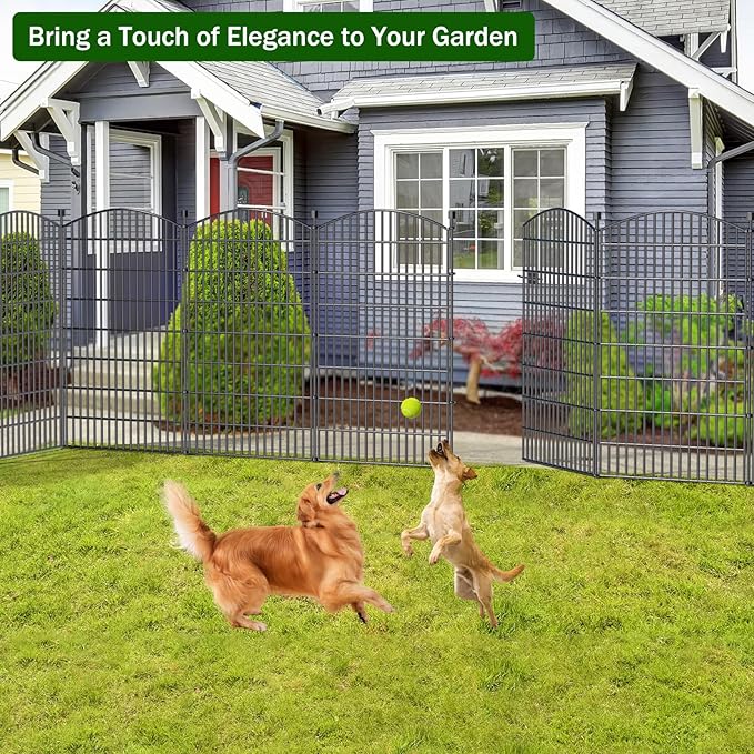 10 Panels No Dig Decorative Garden Fence with Gate - 48 in (H) x 26 ft (L), Dog Fence Outdoor for Yard, Rustproof Metal Animal Barrier Ground Stakes Fencing for Garden, Patio, Flower Bed