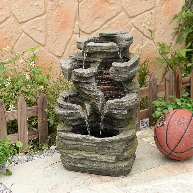 6-Tier Cascading Rock Water Fountain Outdoor Garden Waterfall Decor for Garden, Patio, Backyard, Deck, Porch and Home Art Decor,24.4" H Outdoor Fountain with Lights