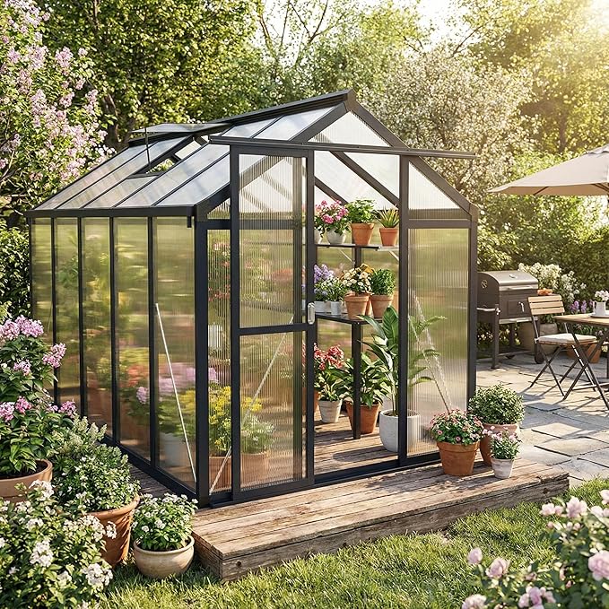 Garvee 6x10ft Greenhouse, Large Walk-in Greenhouse for Outdoors with Roof Vent & Lockable Smooth-Gliding Sliding Door, Heavy Duty Aluminum Frame Polycarbonate Green House for Garden,Backyard,Lawn,Grey