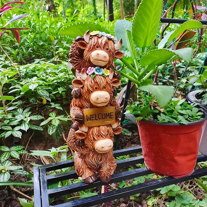 12 Inch Highland Cow Statue Solar Outdoor Decor for Yard Patio Front Door, Farmhouse Porch Decoration Animal Cattle with Led Welcome Sign Flowers Light, Home Ornaments for Outside, Mom's Gifts