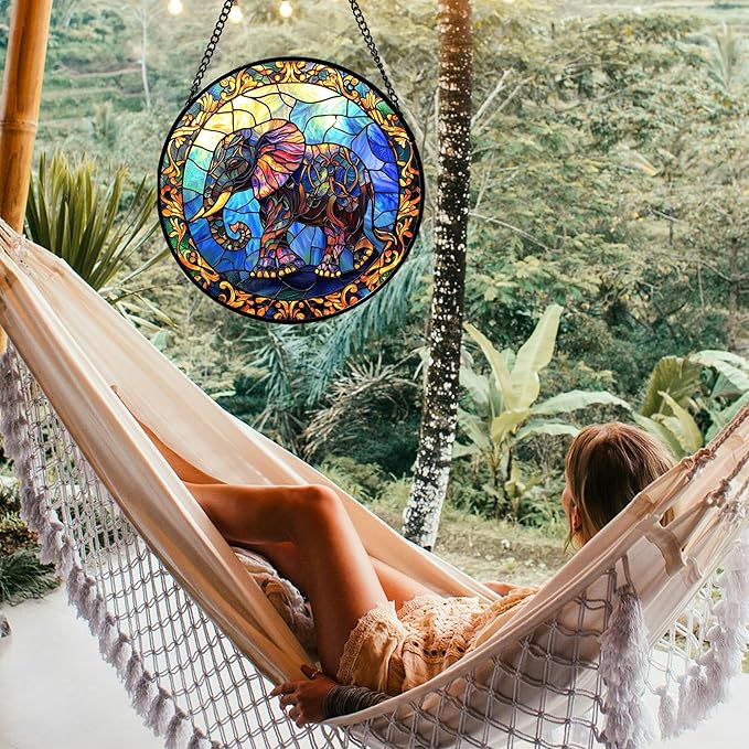 Stained Glass Window Hanging - Blue Elephant Suncatcher for Door Terrace Garden Home Decor, Yellow Retro Sun Catcher Birthday Gifts for Lovers Women Men Dad Mom Nana 7.8 in
