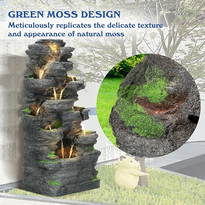 40''H Outdoor Water Fountain - Garden Rock Waterfall Fountains, Outdoor/Indoor Floor Standing Resin Water Fountain with 10 LED Light for Patio, Garden and Backyard, Deck, Porch, Home
