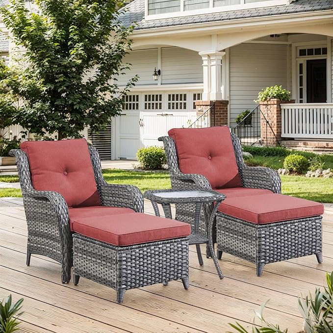Belord Outdoor Wicker Furniture 5 Pieces Patio Furniture Set Patio Chairs with Ottomans and Side Table Conversation Set for Porch Garden Deck Balcony Poolside Grey Wicker Red Cushion