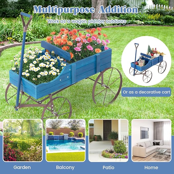 Giantex Decorative Garden Planter, Small Wagon Cart with Metal Wheels, Wood Raised Beds Plant Pot Stand for Backyard Garden Patio 24.5”Lx13.5”Wx24”H (Blue)