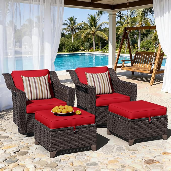 4 Pieces Patio Conversation Furniture Set - 2 Swivel Chairs, 2 Ottomans, Outdoor Wicker Furniture with Removable Cushions for Porch, Balcony, Sunroom (Red)