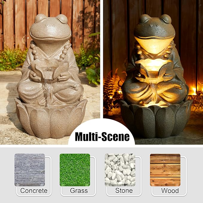 Glitzhome 2-Tiered Zen-Style Frog Polyresin Outdoor Fountain with Pump and LED Light, 21.75" H, Sand Beige