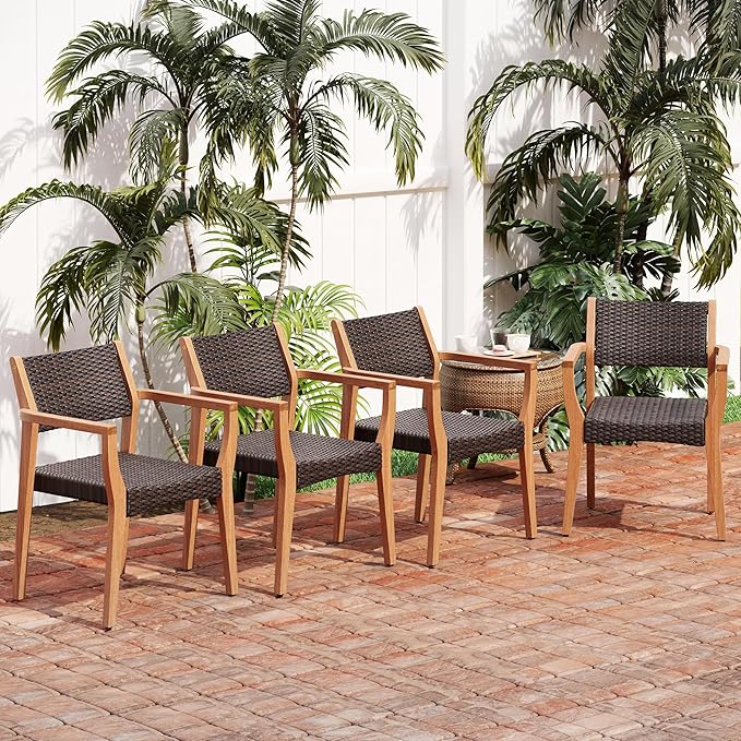 PHI VILLA Outdoor Acacia Wood Chairs Set of 4, Heavy-Duty Dining Armchairs with Wicker Back & Seat, Farmhouse Style Teak Seating Furniture for Patio, Deck, Yard, Balcony, Garden