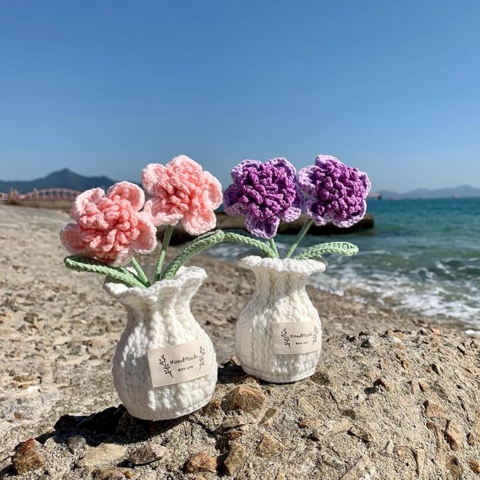 YOOJEE Crochet Paris Polyphylla Flower Pot Handmade Knitted Desk Decor Purple Potted Plant for Home Office