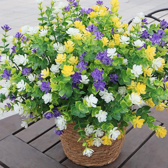 BCBLF UV Resistant Artificial Flowers for Indoor and Outdoor Use, 12 Bundles Not-Fading Faux Plants for Porch, Patio, Garden, and Home Decoration - Yellow Purple White