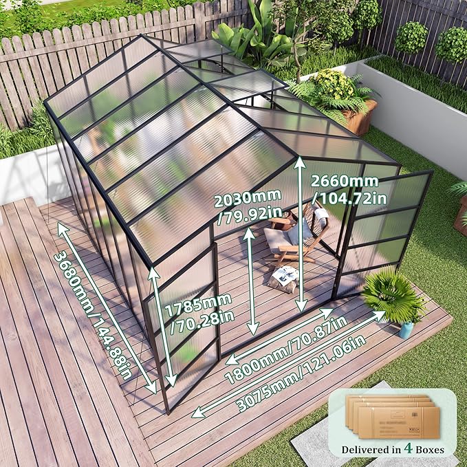 10x12T Greenhouse,Outdoor Polycarbonate Greenhouse with Roof Vent & Integrated Gutters,Aluminum Large Walk-in Green House W/ Reinforced Frame for Outside Garden Backyard,Black