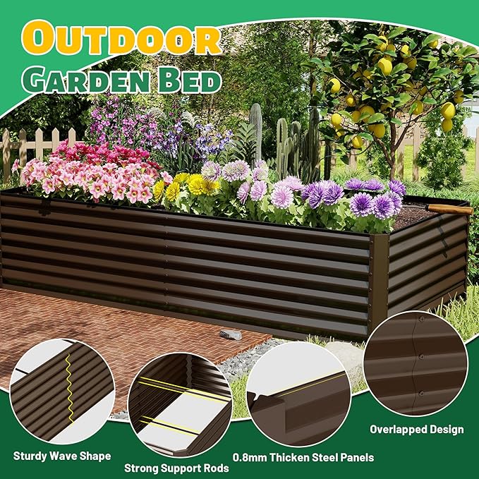 Domi 8×4×2 ft Galvanized Raised Garden Bed, Outdoor Planter Garden Boxes Large Metal Planter Box for Gardening Vegetables Fruits Flowers, Brown
