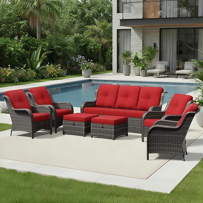 Joyside 7 Piece Wicker Patio Furniture Set, Rattan Patio Chairs with High Back, Deep Seating, Wide Armrest, Thickened Cushions, Outdoor Furniture for Deck, Porch Use
