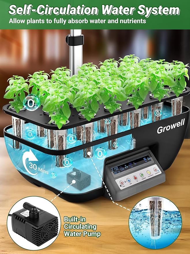 Growell Hydroponics Growing System Kit, 17 Pods Herb Garden with 102 28W Full-Spectrum Grow Lights & 2 Fans, Indoor Garden with Water Pump, 10L Water Tank, Auto Timer, Height Adjustable (Black & Grey)