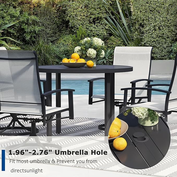 7 Pieces Outdoor Table and Chairs for 6, 47" Black Round Table with 6 Oyster Beige Swivel Chairs, Patio Set with Swivel Chair, Garden Tables for Outdoor, Patio Dining Set for Lawn Backyard Poolside