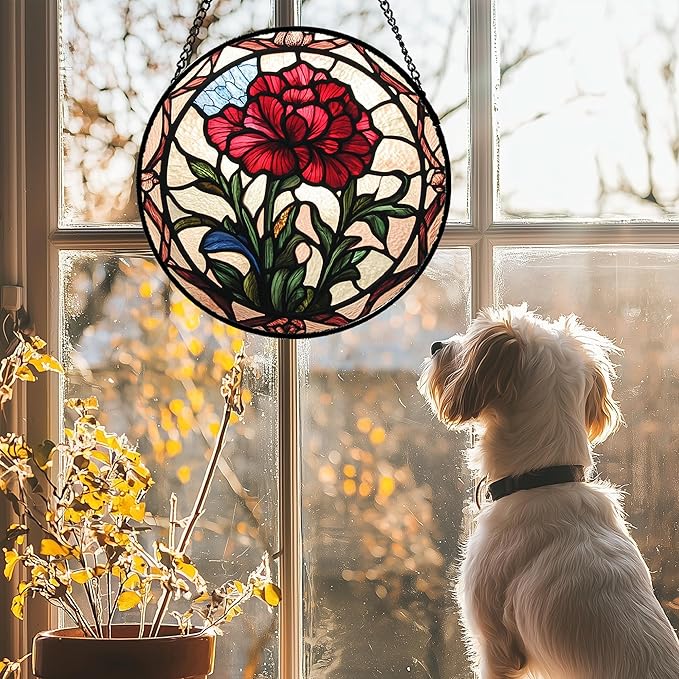 AMDERVEN Stained Glass Window Hanging - Red Carnation Birth Flower Sun Catcher for Door Garden Home Decor Suncatcher Christmas Mother's Day Birthday Gifts for Women Men Mom Nana Friend Wife 7.8 in
