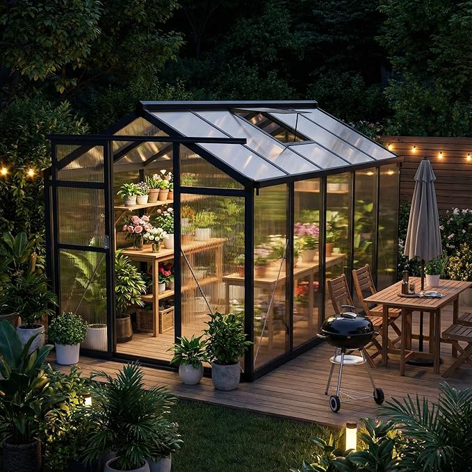 Garvee 6x10ft Greenhouse, Large Walk-in Greenhouse for Outdoors with Roof Vent & Lockable Smooth-Gliding Sliding Door, Heavy Duty Aluminum Frame Polycarbonate Green House for Garden,Backyard,Lawn,Grey