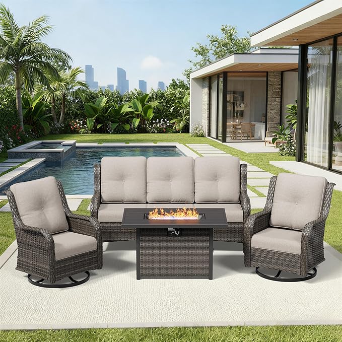 Joyside 4 Piece Wicker Patio Furniture Set with Fire Pit Table, Outdoor Swivel Rocker Patio Chairs with High Back, Deep Seating, Wide Armrest, Thickened Cushions, Outdoor Furniture for Deck, Porch Use