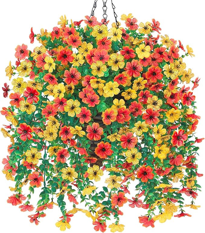 HyeFlora Artificial Hanging Flowers Basket for Outdoor, Fake Flowers Faux Plants Look Real for Yard Gardens Porch Patio Home (Orange+Yellow)