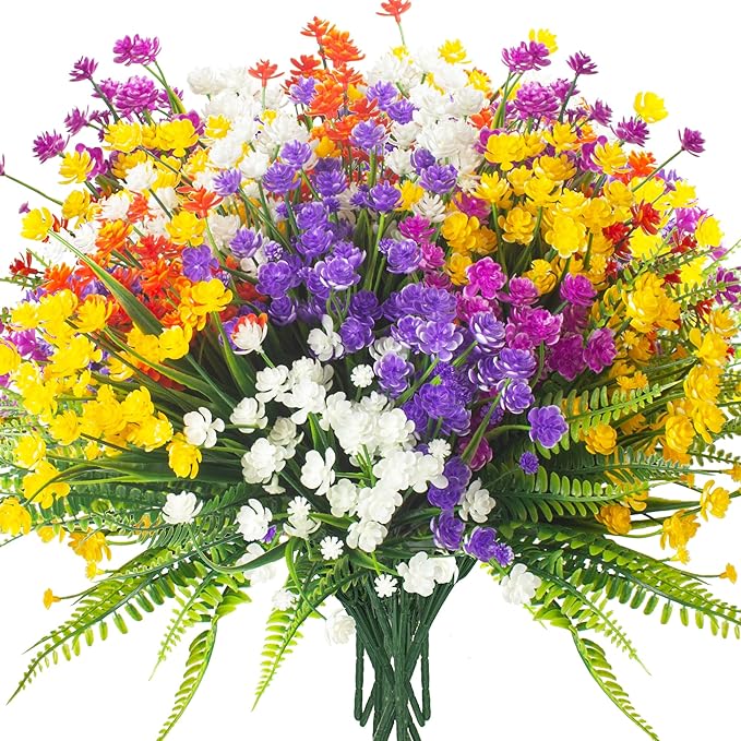 24 Bundles Artificial Flowers for Outdoor Decoration UV Resistant Fake Plastic Plants Faux Boston Fern Artificial Greenery for Summer Indoor Outdoor Garden Patio Window Box Kitchen Home Decor