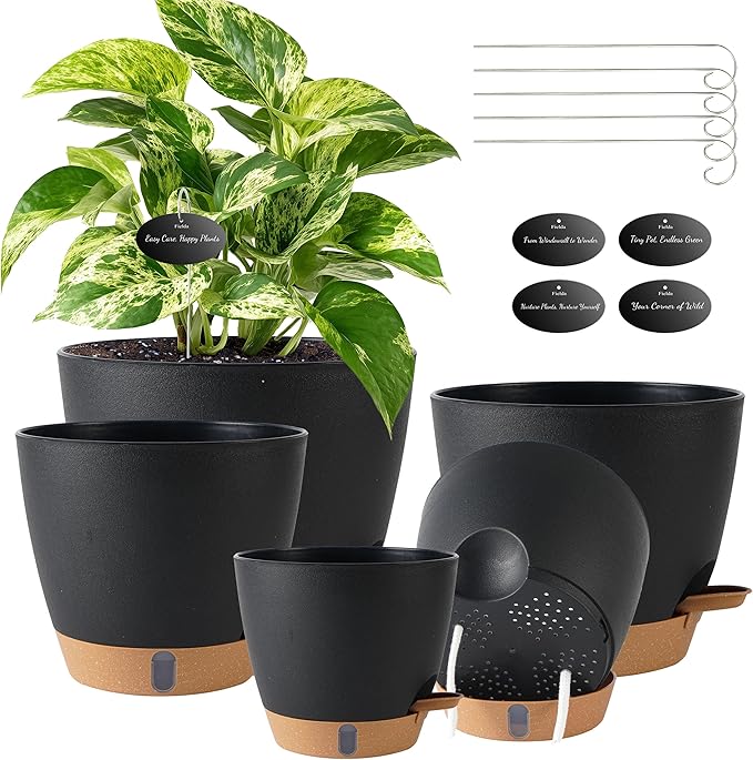 Fielda Self Watering Pots for Inoor Ourdoor Plants 8/7/6.5/6/5 Inch Plastic Planters with Drainage Holes & Water Level Indicator, Decorative House Flower Nursery Planting Pots with Saucers (Black)