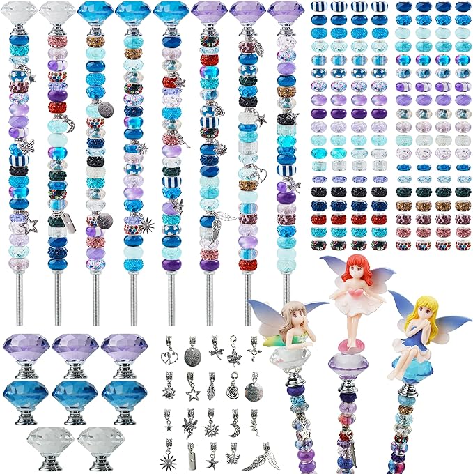 200+ Pcs Beaded Garden Stakes, DIY Fairy Wand Garden Stake Beads Kits with 160 Colorful Round Large Hole Beads with 8 Crystal Stopper Top, 8 Threaded Rod and 3 Garden Fairy for Outdoor Decoration