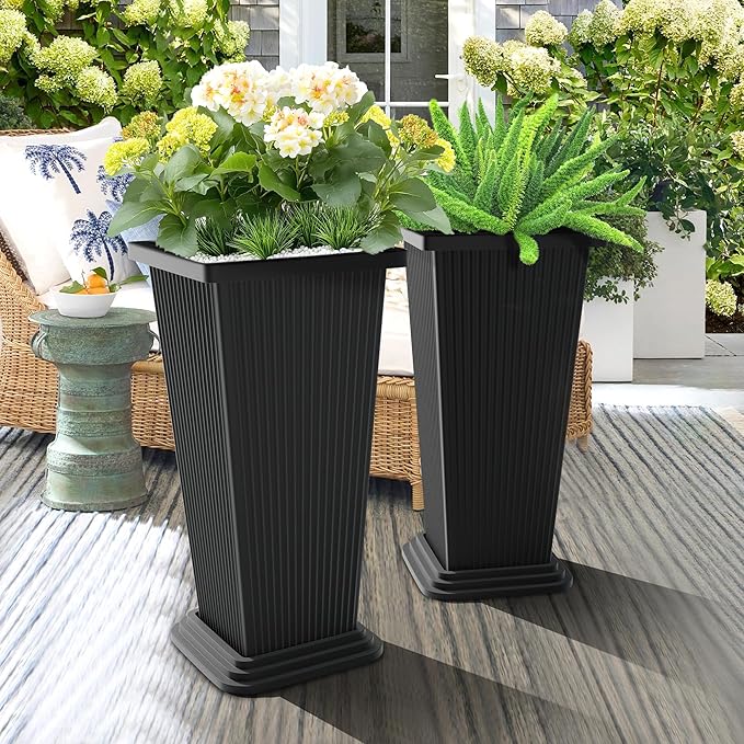 TUYOHW Set of 2 Large Tall Planter for Indoor or Outdoor 24" Flower Pots Tapered Tall Planters with Tray for Porch, Patio, Backyard, Large Planters for Outdoor Indoor Plants(Black,Striped)