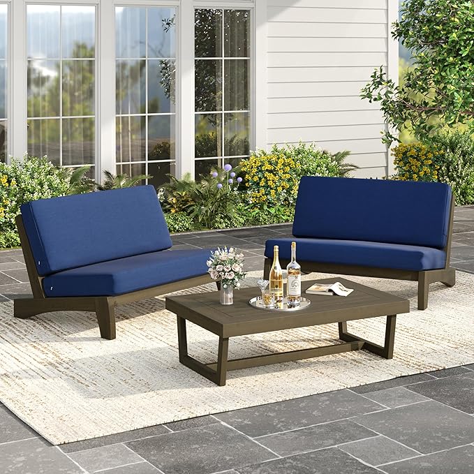 3 Piece Outdoor Wood Patio Loveseat Bistro Set, Wooden Conversation Patio Table and Chairs Furniture Set with Coffee Table for Porch Balcony Deck Backyard