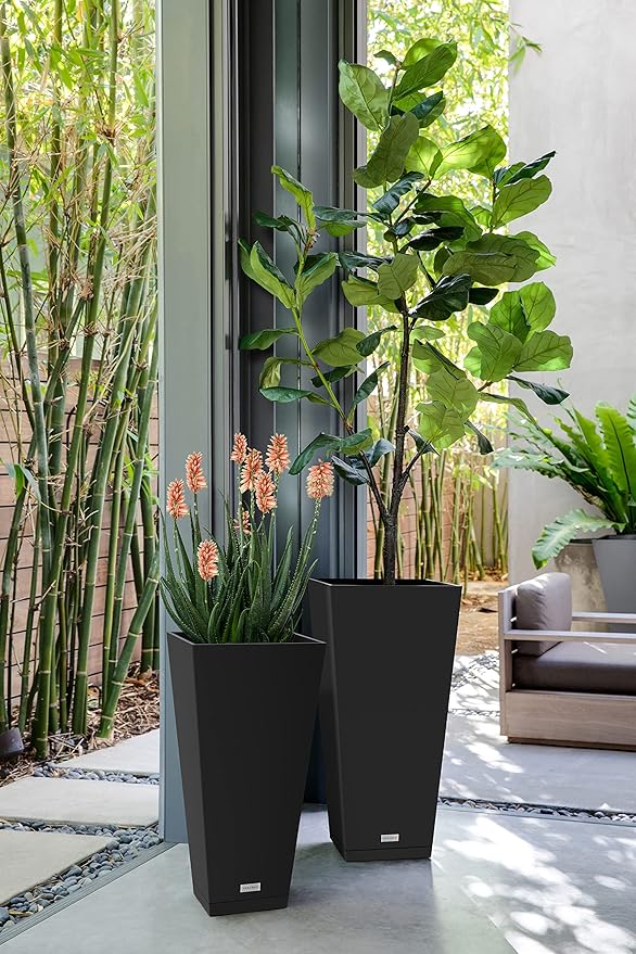 Veradek V-Resin Indoor/Outdoor Taper Planter (Black, 26 inch - 2 Pack with 2 Saucer Trays)